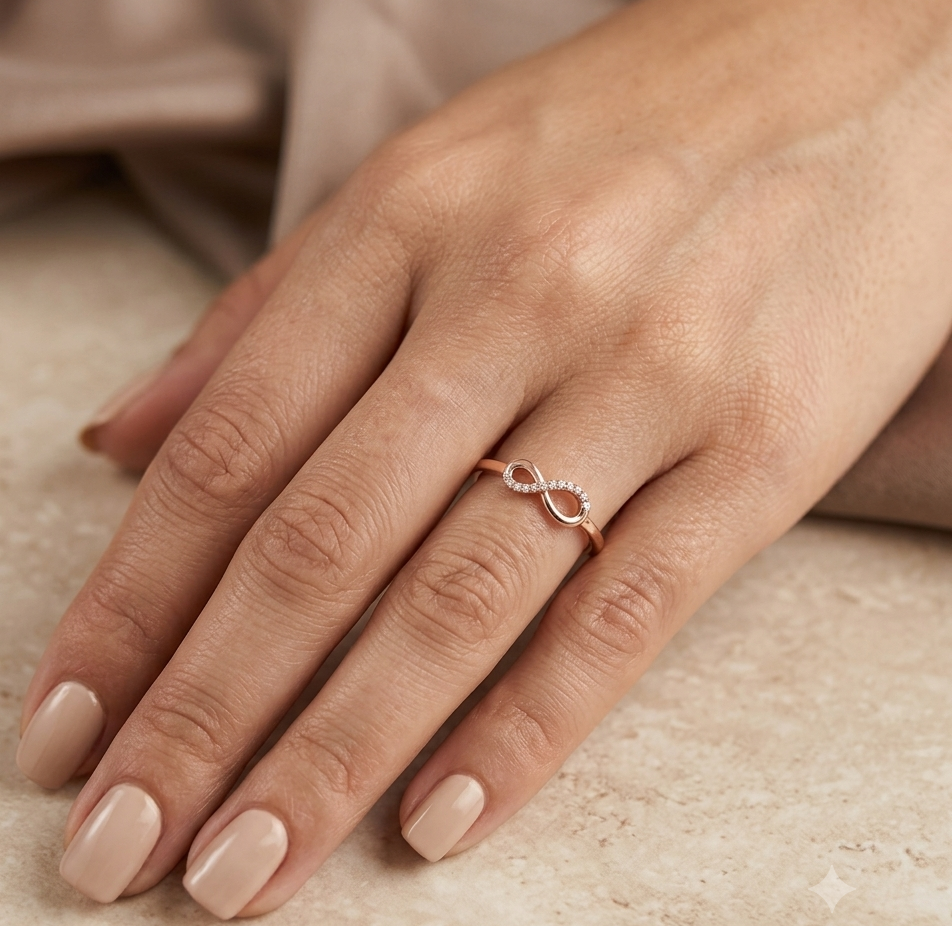 18K rose gold infinity diamond ring featuring natural round brilliant diamonds in a delicate symbolic design.