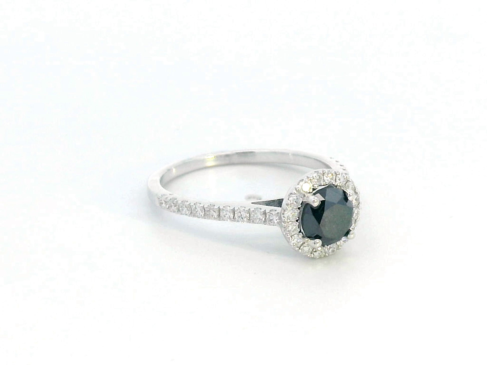 0.67ct Black Diamond Halo Ring in 18K White Gold with 0.28ct Accent Diamonds – Elegant Engagement or Statement Ring