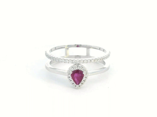 18K gold pear-shaped ruby and diamond ring with double-band design featuring a 0.30-carat ruby and 0.19-carat diamonds.