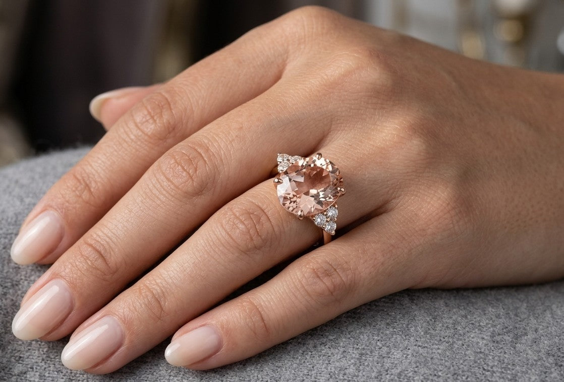 Oval Morganite and Diamond Three Stone Ring in 18K Rose Gold