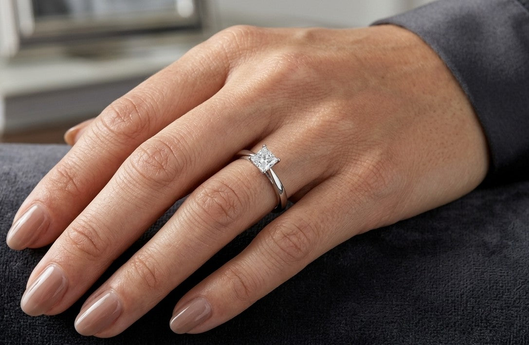 Princess cut diamond solitaire engagement ring in 18K white gold featuring a square diamond in a four-prong setting with a polished band.