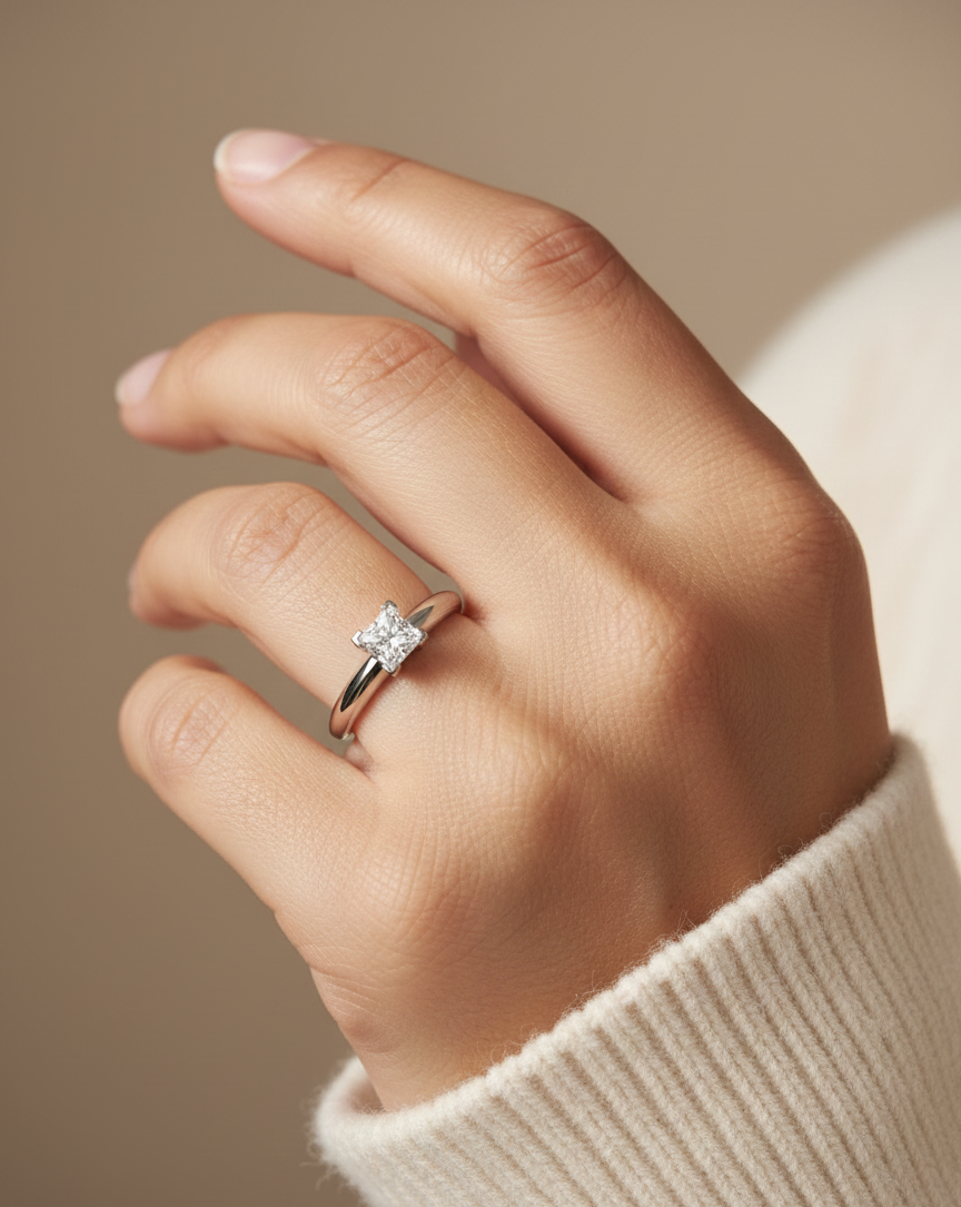 18K white gold solitaire ring with a 0.77ct princess-cut diamond, IGI certified, elegant minimalist engagement design by Emirates Diamonds.