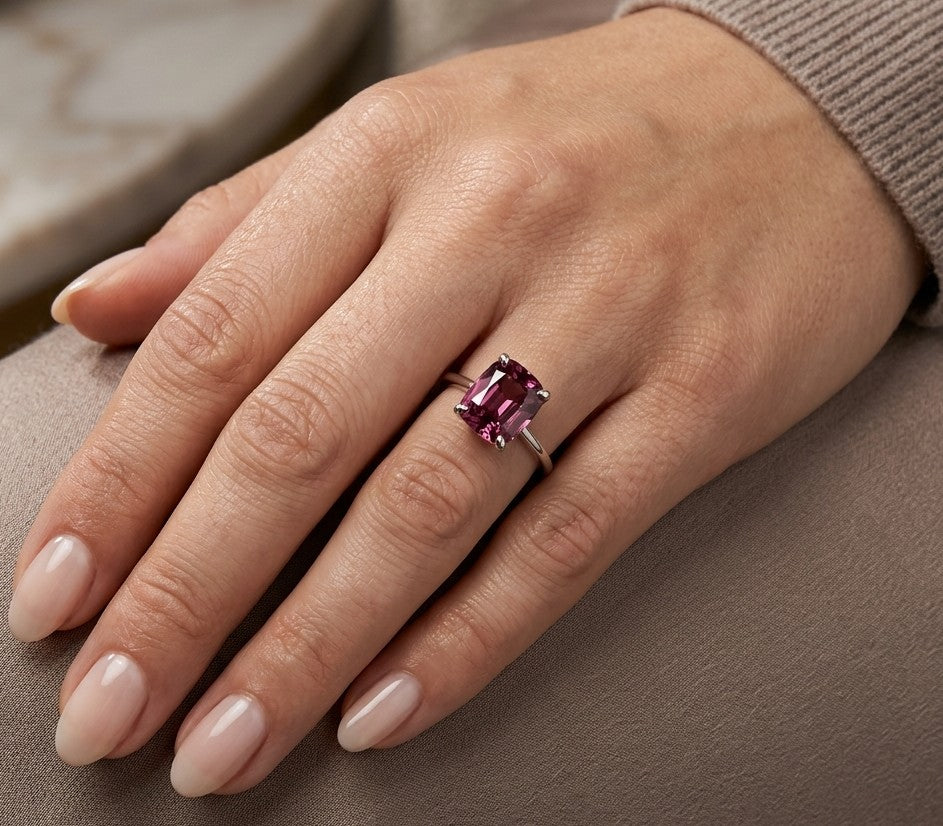 Cushion cut rhodolite garnet solitaire ring in 18K white gold with a deep raspberry-purple gemstone and four-prong setting.