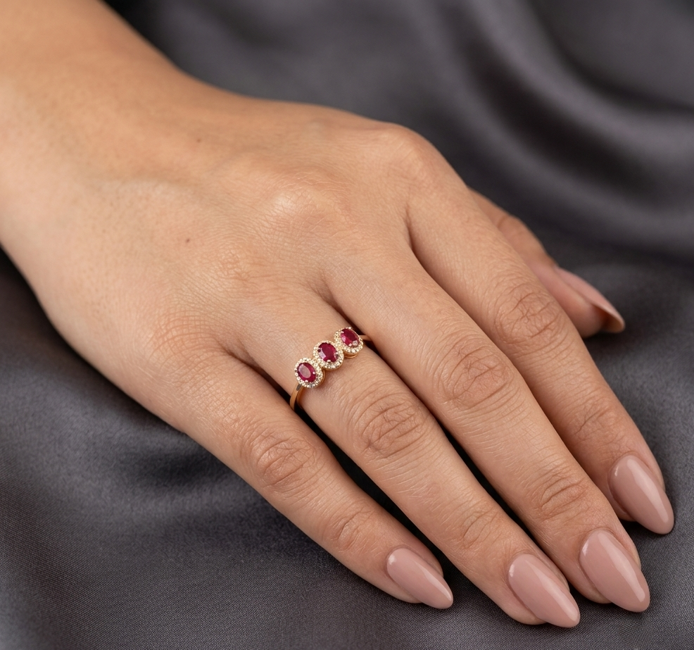 Ruby Three Stone Ring in 18K Yellow Gold | Diamond Halo Ruby Ring