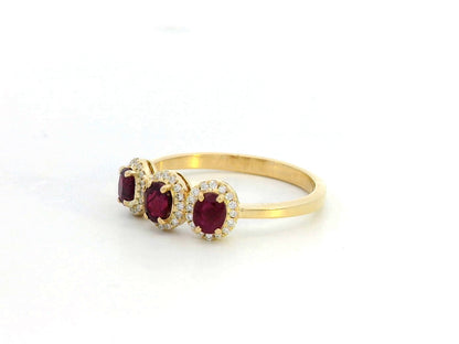 18K Gold Oval-cut Ruby Trilogy Ring with Diamond Halo – July Birthstone Ring