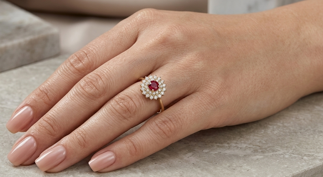 18K Yellow Gold Ruby Halo Ring featuring a 0.20 carat natural round ruby surrounded by 0.22 carats of natural diamonds.