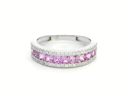 18K white gold pink sapphire and diamond ring – square-cut sapphires bordered with diamonds, luxury statement jewelry