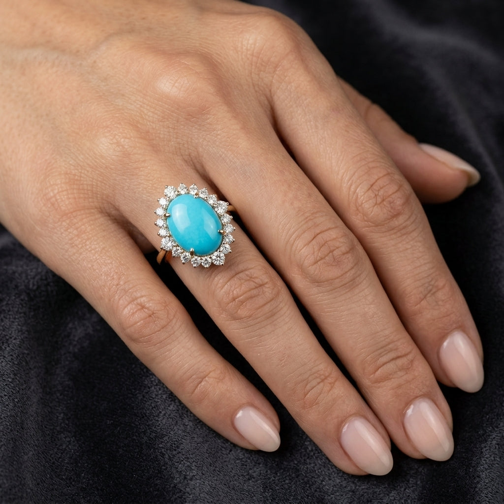 Oval turquoise and diamond halo ring in 18K yellow gold with a vibrant blue cabochon gemstone and round diamond accents.