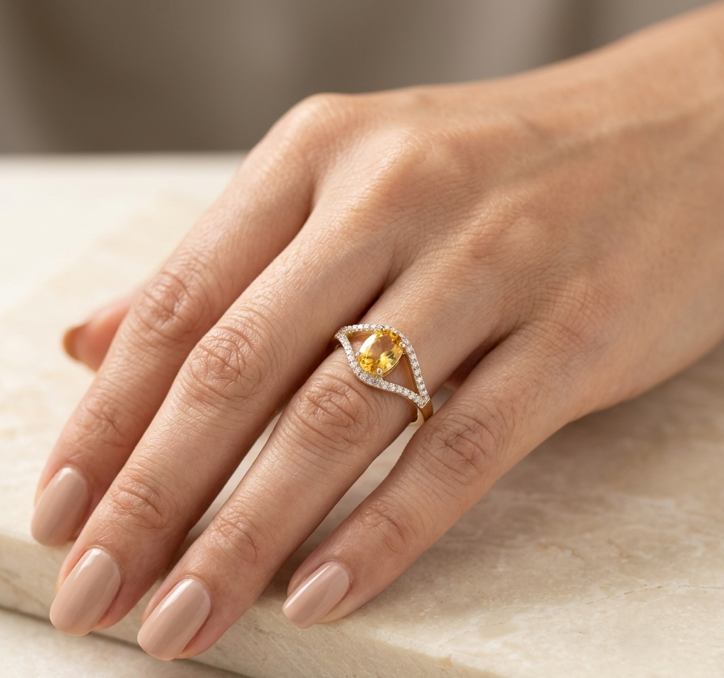 18K yellow gold oval yellow sapphire ring with natural diamond split-style setting