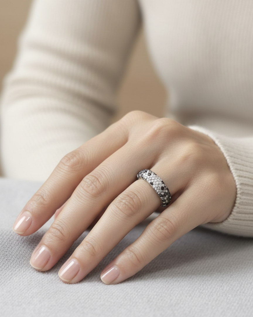 18K rose gold diamond band ring featuring black, champagne, and white pavé diamonds – Emirates Diamonds