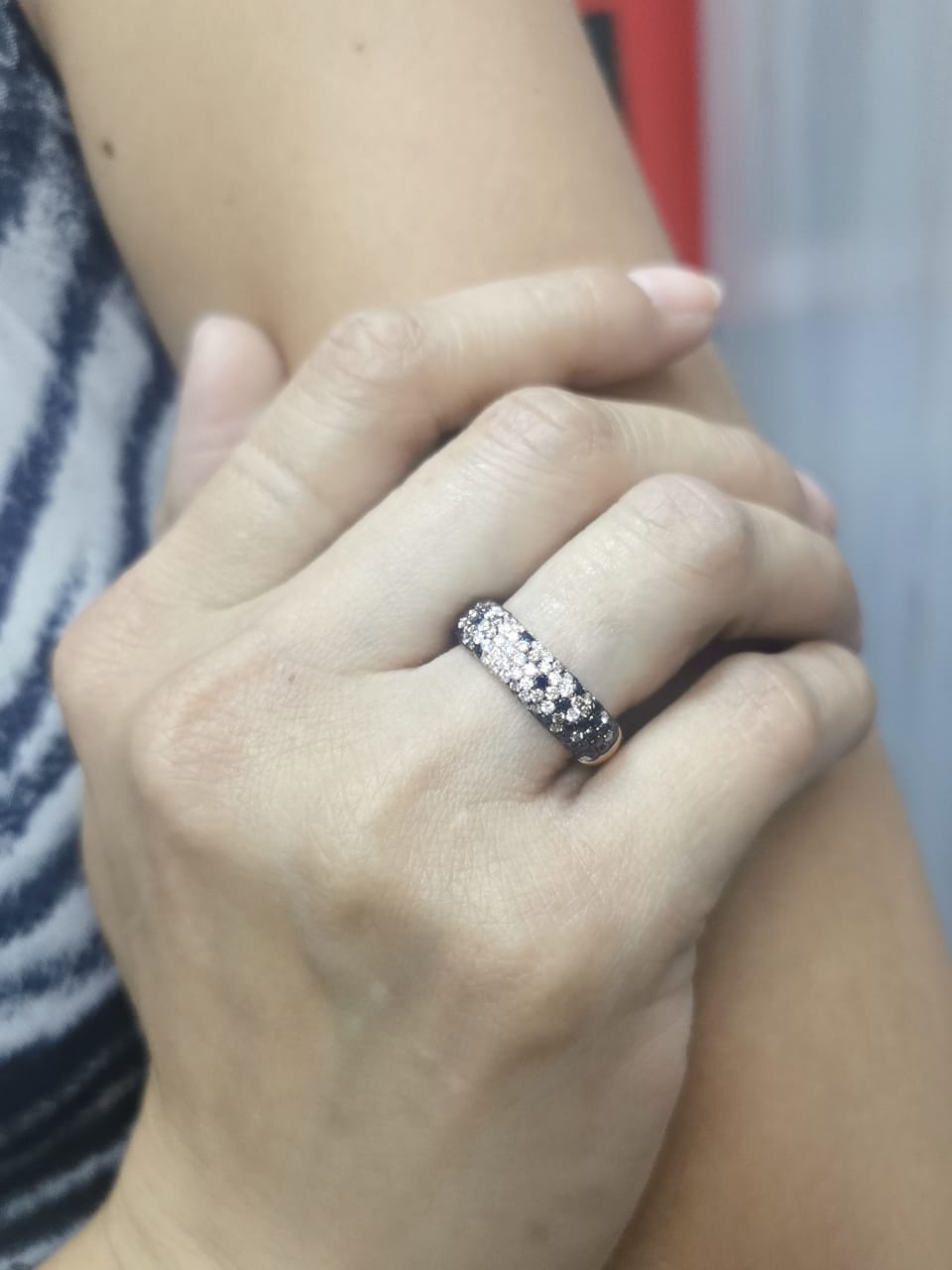 18K gold ring with black, champagne, and white diamonds in pave setting – 1.20 carats total.