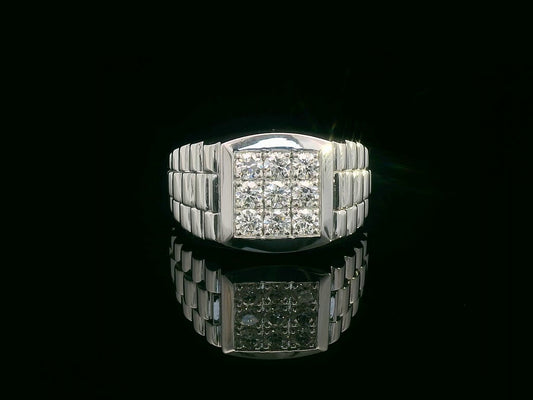 Men’s 18K gold statement ring with square top cluster of 0.74 carat round diamonds and a wide stepped polished band.