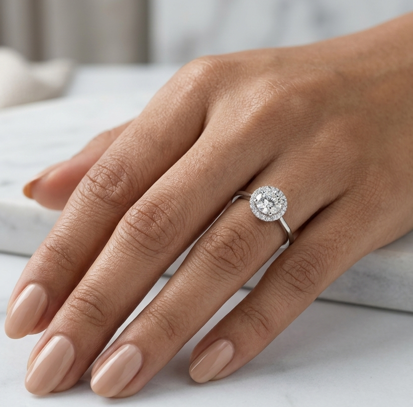 18K white gold round diamond halo engagement ring with a 0.98 carat IGI certified centre diamond and sparkling diamond halo.