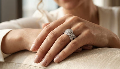 Round Halo Diamond Ring in 18K White Gold | Statement Diamond Ring