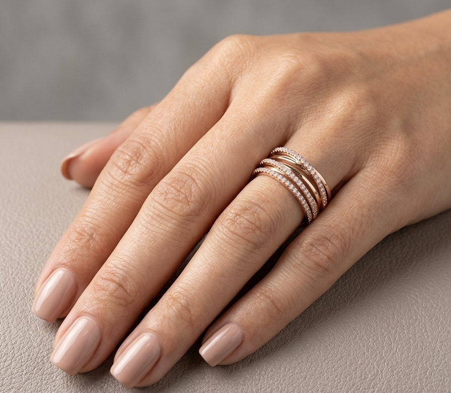 18K rose gold diamond wrap ring featuring 0.46 carat natural round brilliant diamonds in an elegant multi-row interwoven design.