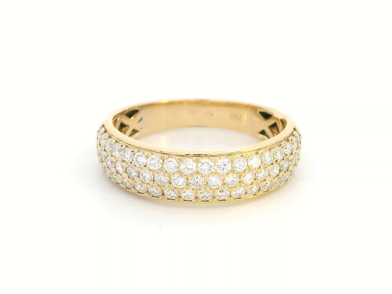 Three-row pavé diamond band ring in 18K yellow gold with 0.80 carats of round-cut diamonds