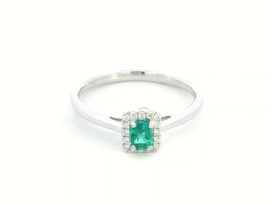 18K white gold ring with emerald-cut 0.36ct emerald and diamond halo – 0.07ct diamonds