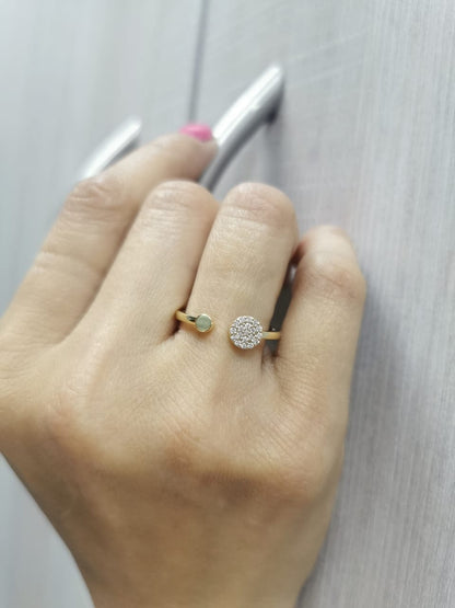 18K gold open ring with pavé diamond circle and polished gold bead – minimalist modern design