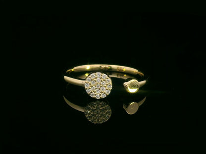 18K gold open ring with pavé diamond circle and polished gold bead – minimalist modern design