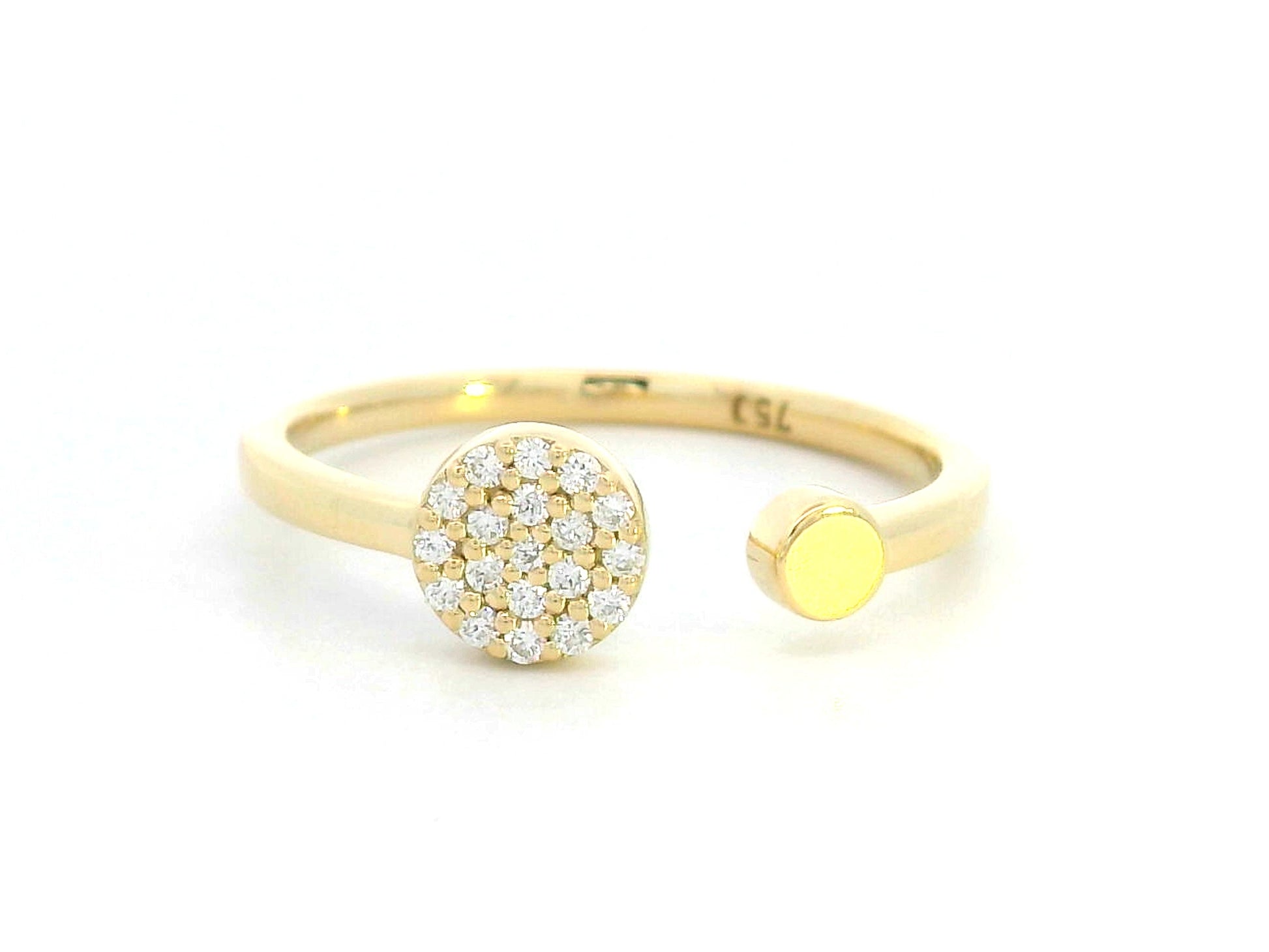 18K gold open ring with pavé diamond circle and polished gold bead – minimalist modern design