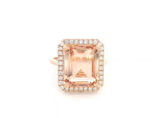 Emerald-cut morganite halo ring in 18K rose gold with 0.35ct diamonds