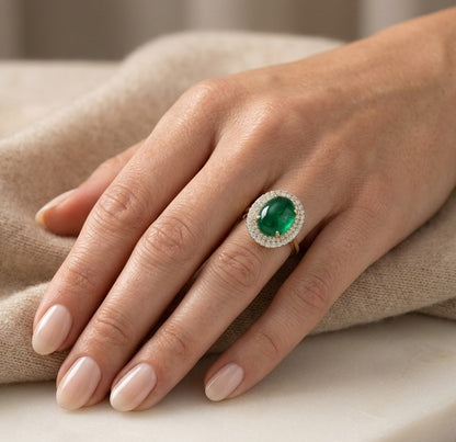 Emerald and Diamond Statement Ring in 18K Yellow Gold