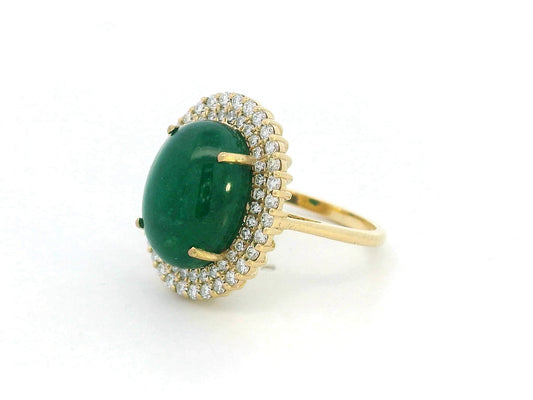 18K Yellow Gold Ring with 7.82 Carat Cabochon Emerald and Double Diamond Halo – Cocktail Style