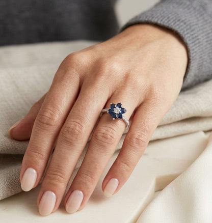 Blue Sapphire and Diamond Flower Ring in 18K White Gold