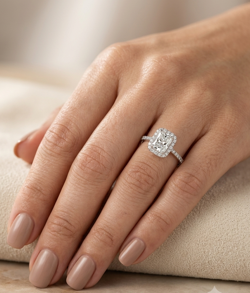 Radiant Cut Diamond Halo Engagement Ring in 18K White Gold