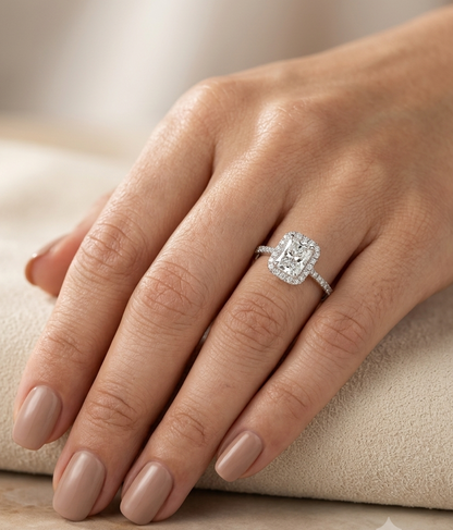 Radiant Cut Diamond Halo Engagement Ring in 18K White Gold