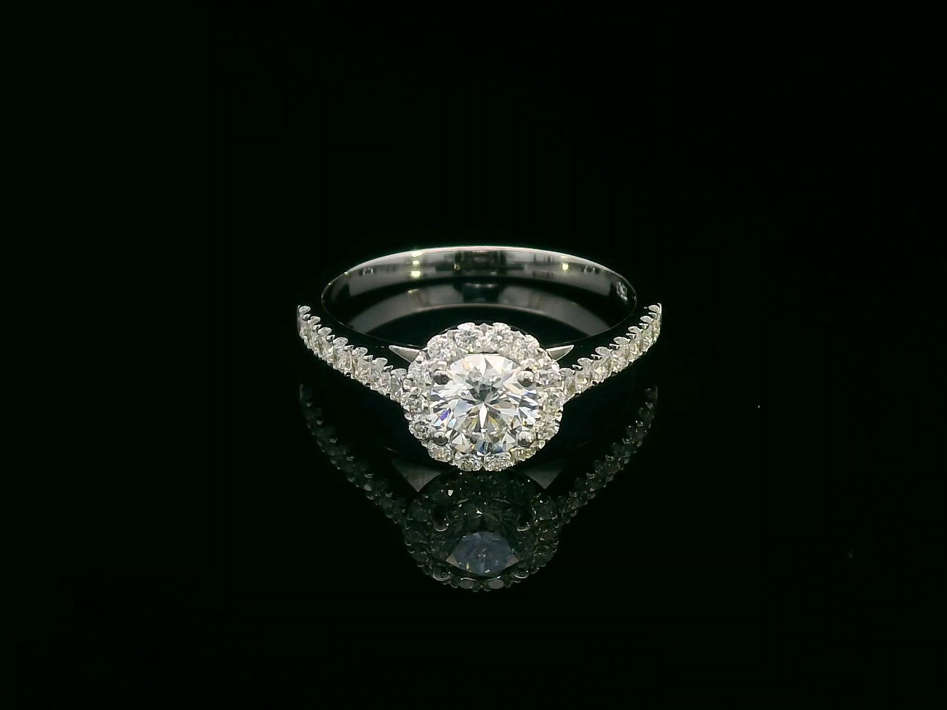 18K Gold Halo Engagement Ring with 0.51 Carat GIA Certified Center Diamond and Pavé-Set Band