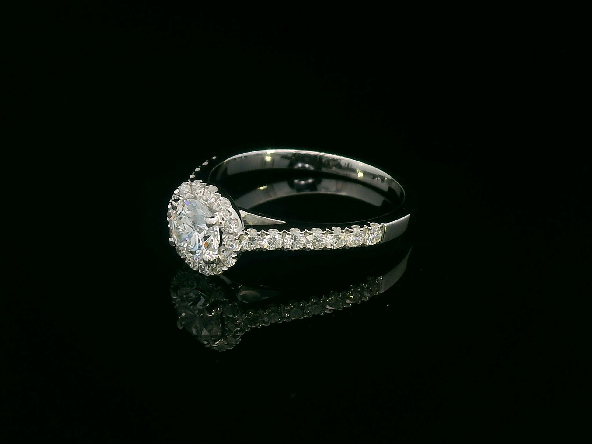 18K Gold Halo Engagement Ring with 0.51 Carat GIA Certified Center Diamond and Pavé-Set Band