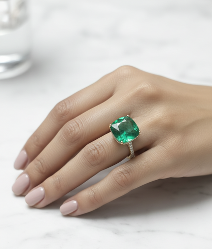 18K yellow gold cushion-cut emerald and diamond ring – 9.01ct emerald with 0.49ct diamonds by Emirates Diamonds