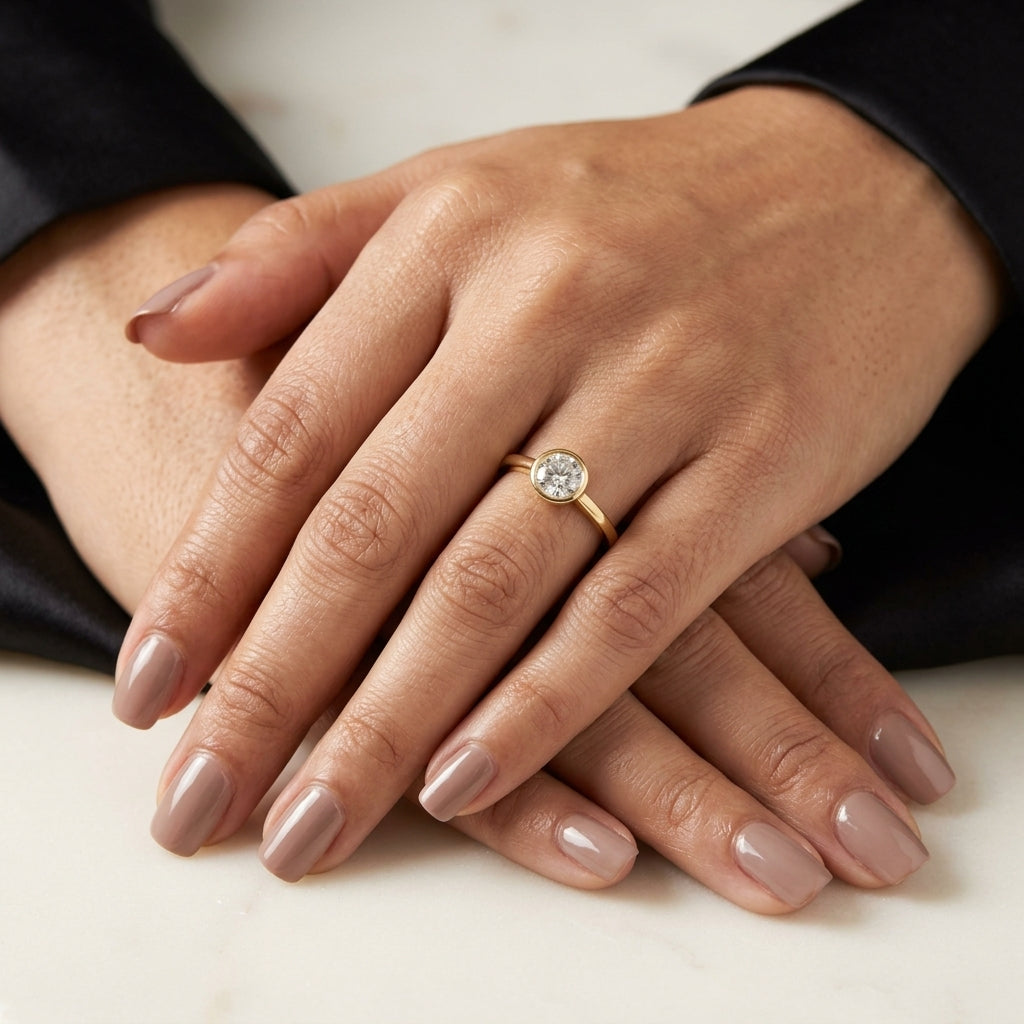Round brilliant bezel set diamond engagement ring in 18K yellow gold with a slender solitaire band.