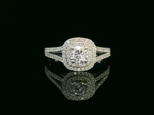 GIA certified 18K gold engagement ring with 0.50ct center diamond and double halo