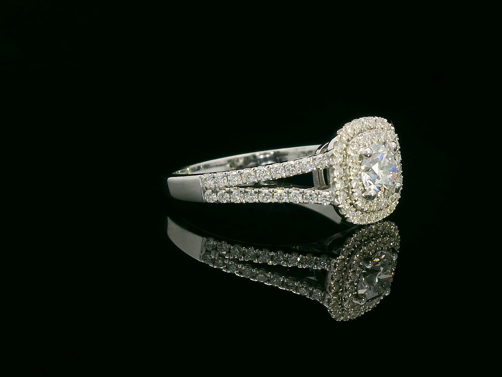 GIA certified 18K gold engagement ring with 0.50ct center diamond and double halo