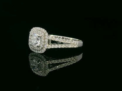 GIA certified 18K gold engagement ring with 0.50ct center diamond and double halo