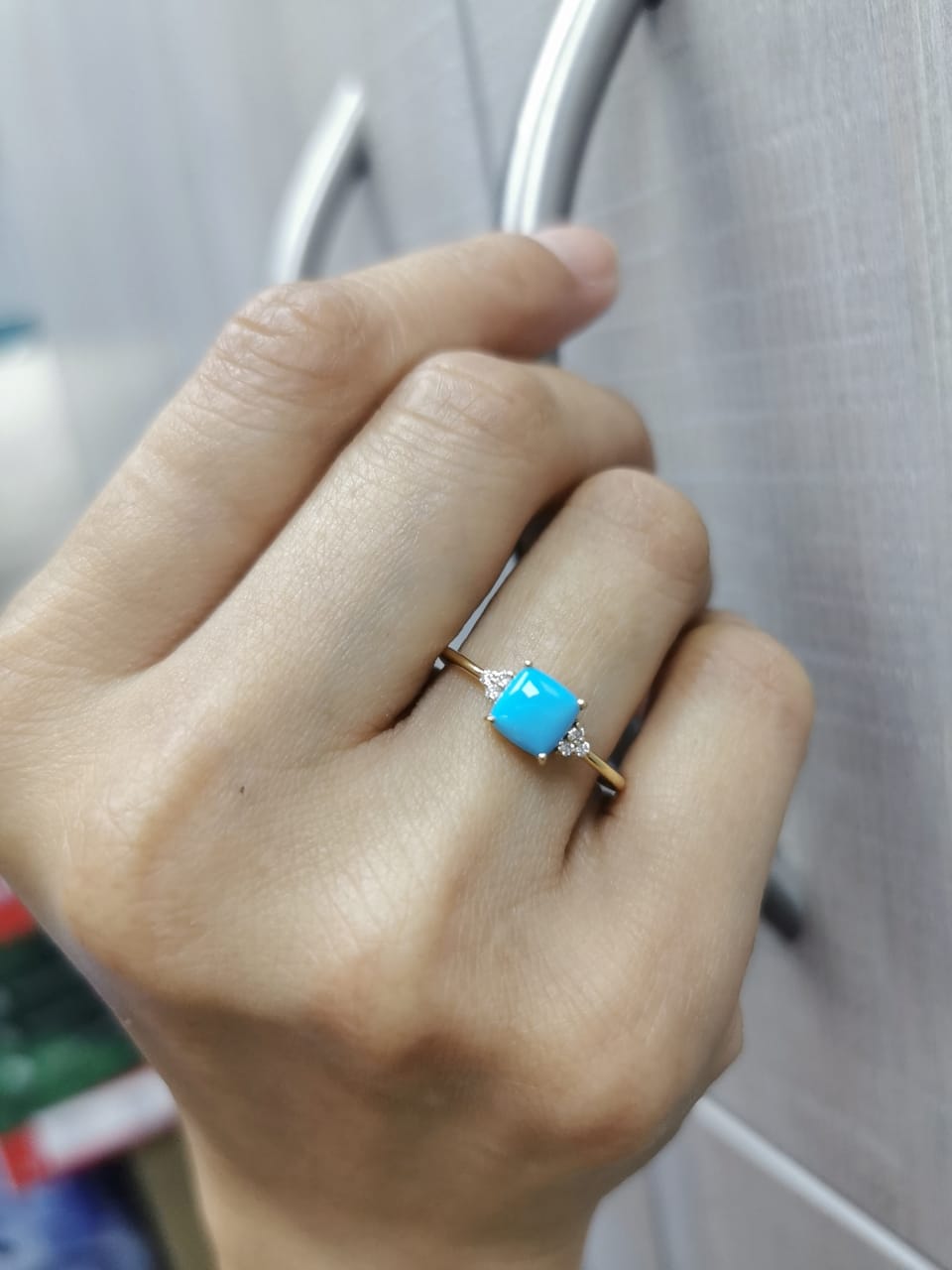 18K Gold Ring with Cushion-Cut Turquoise and Diamond Accents 
