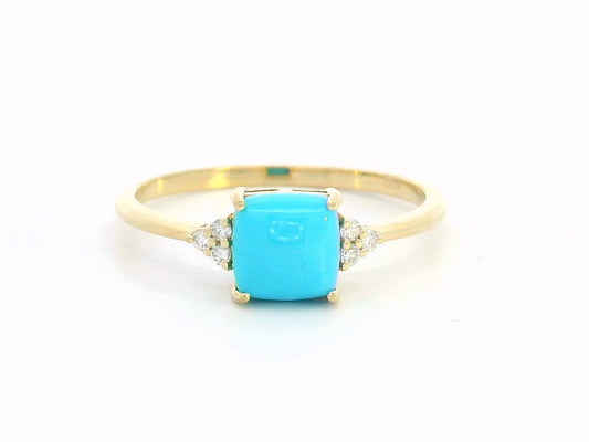 18K Gold Ring with Cushion-Cut Turquoise and Diamond Accents 