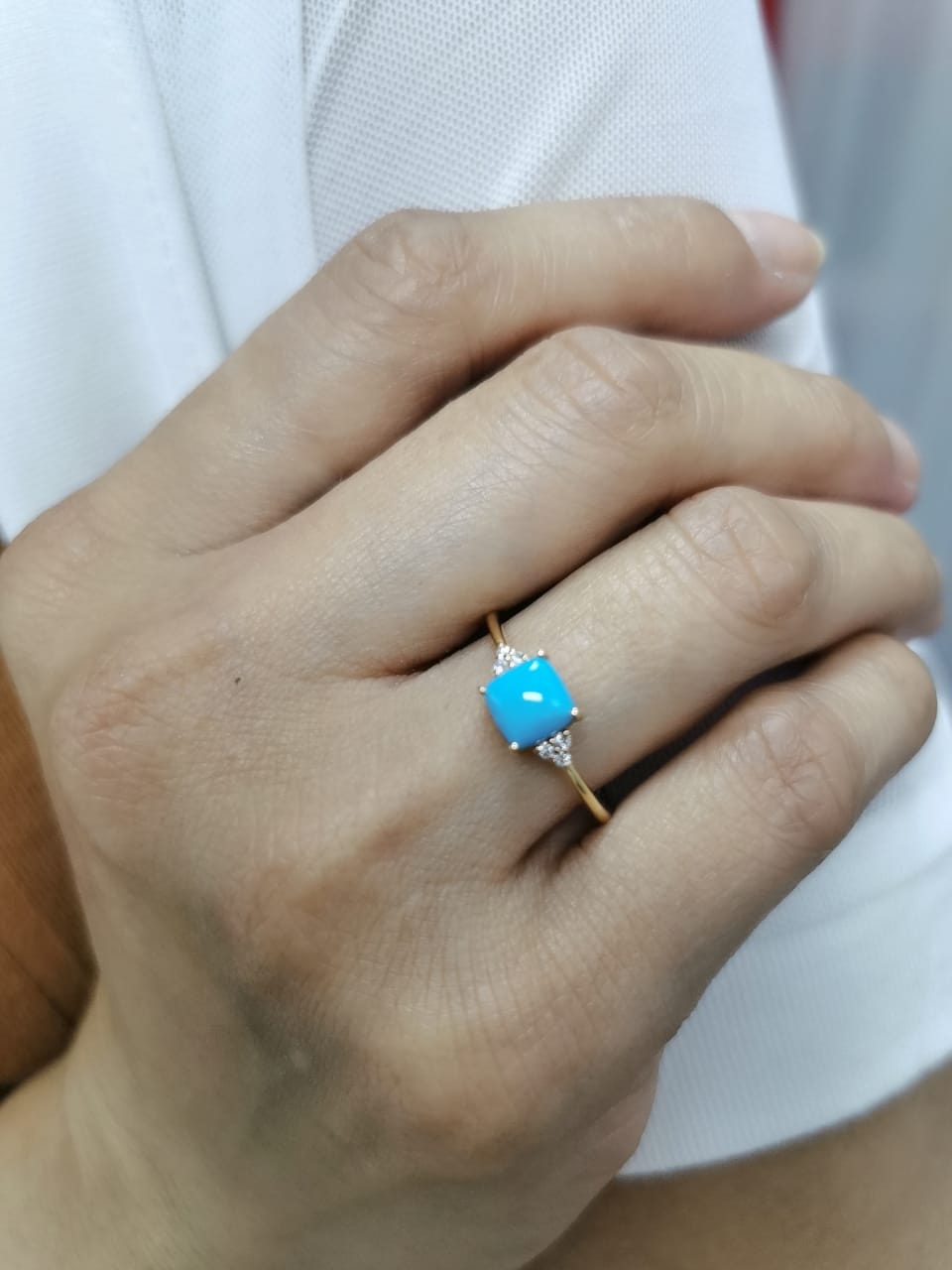 18K Gold Ring with Cushion-Cut Turquoise and Diamond Accents 