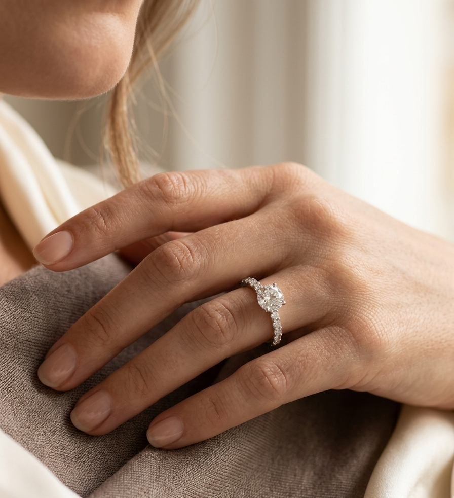 1 carat diamond engagement ring in 18K white gold with full diamond band IGI certified Emirates Diamonds