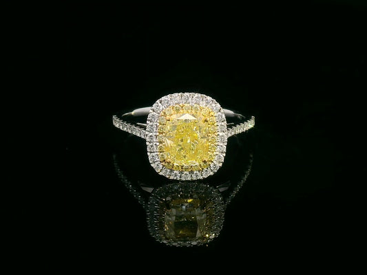 1.51ct cushion-cut fancy yellow diamond ring with double halo in 18K white gold 