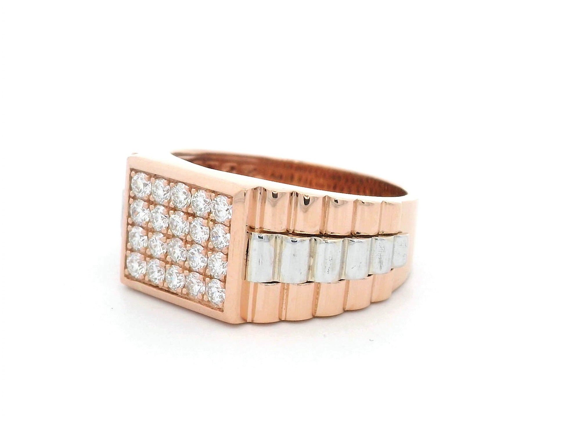 Men’s 18K rose gold diamond ring with pavé set 0.64 carat diamonds and white gold accents