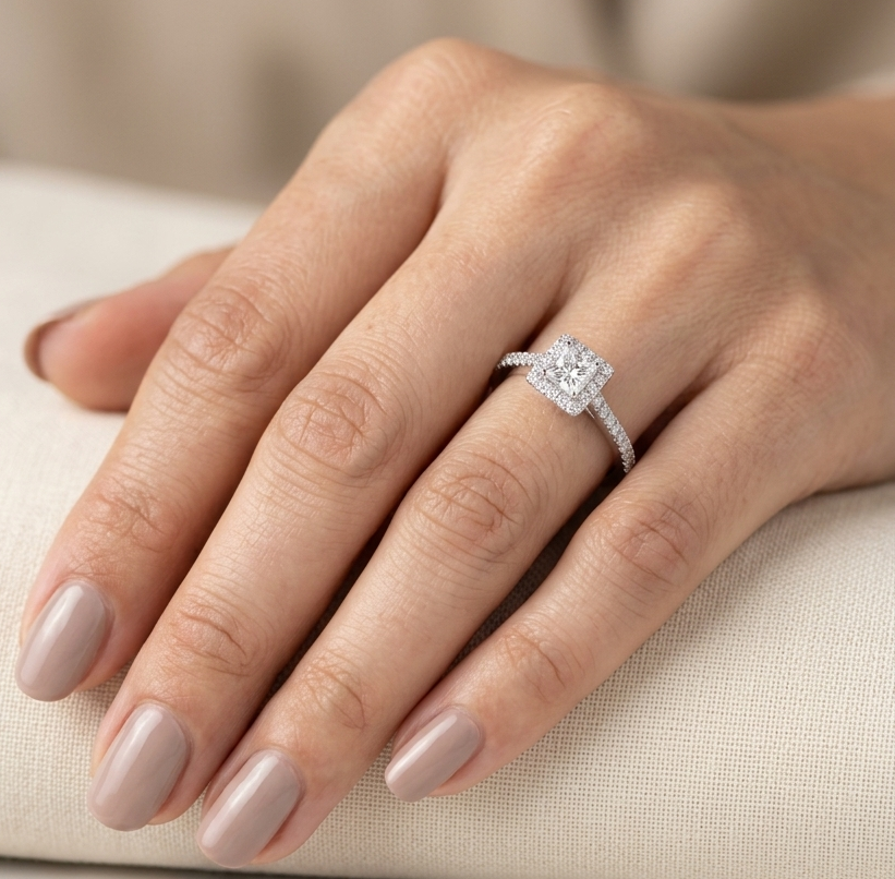 18K white gold princess cut diamond halo engagement ring with a 0.31 carat center diamond and pavé diamond band.