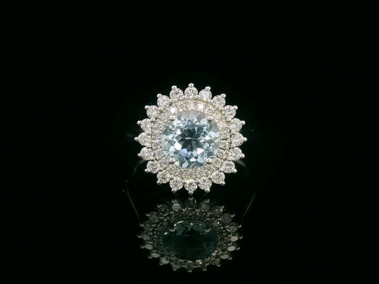 18K white gold ring with 1.52 carat round aquamarine and double diamond halo in floral vintage design

