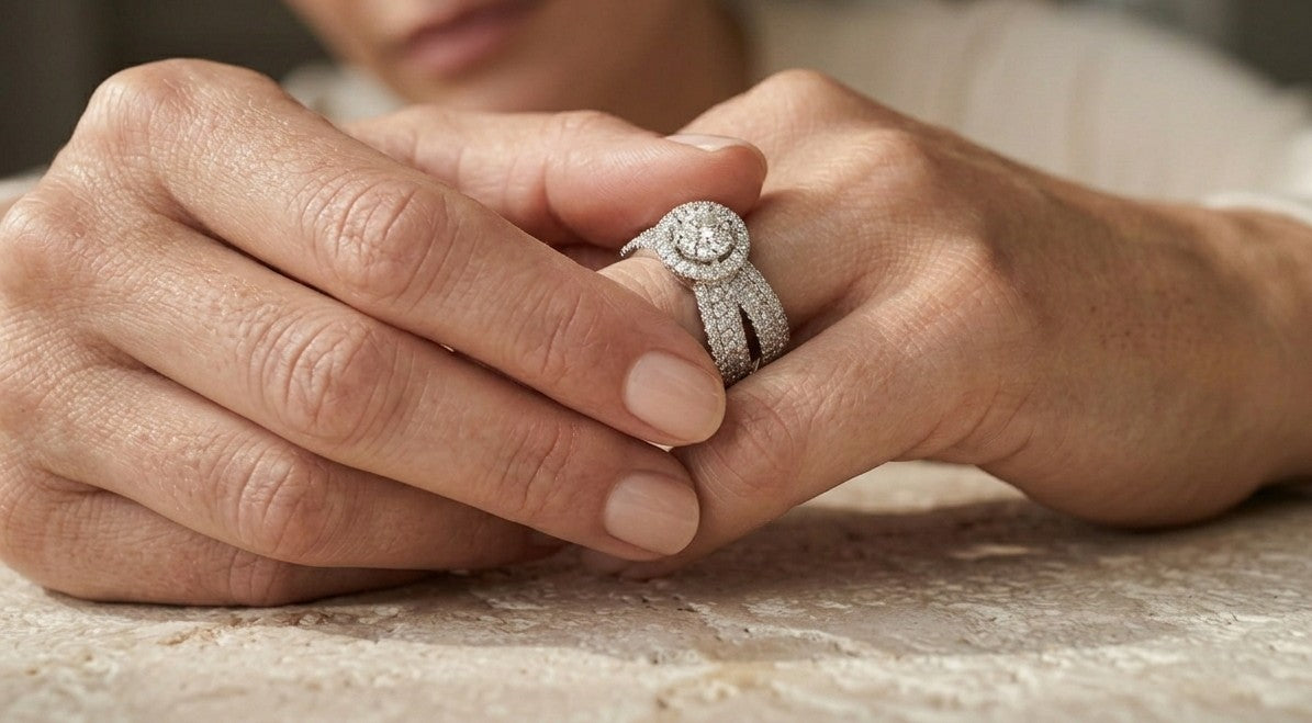 18K white gold crossover halo diamond ring featuring 2.29 carats of natural diamonds with a round cluster centre and diamond-set split shank.