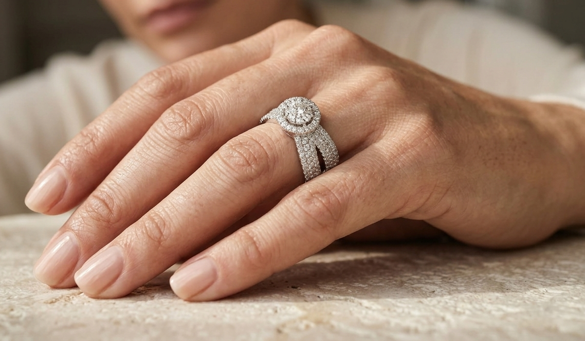 18K white gold crossover halo diamond ring featuring 2.29 carats of natural diamonds with a round cluster centre and diamond-set split shank.