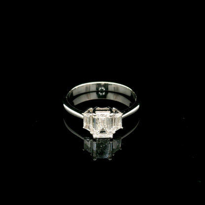 Emerald Cut Three Stone Diamond Engagement Ring in 18K White Gold