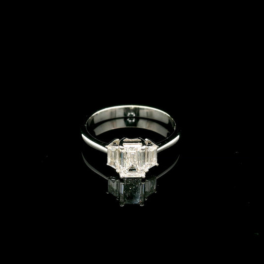 Emerald Cut Three Stone Diamond Engagement Ring in 18K White Gold