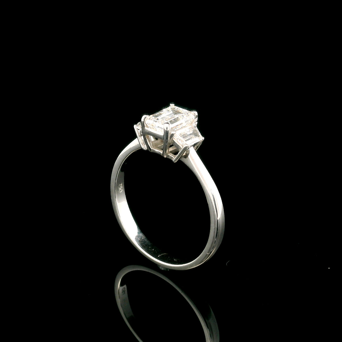 Emerald Cut Three Stone Diamond Engagement Ring in 18K White Gold